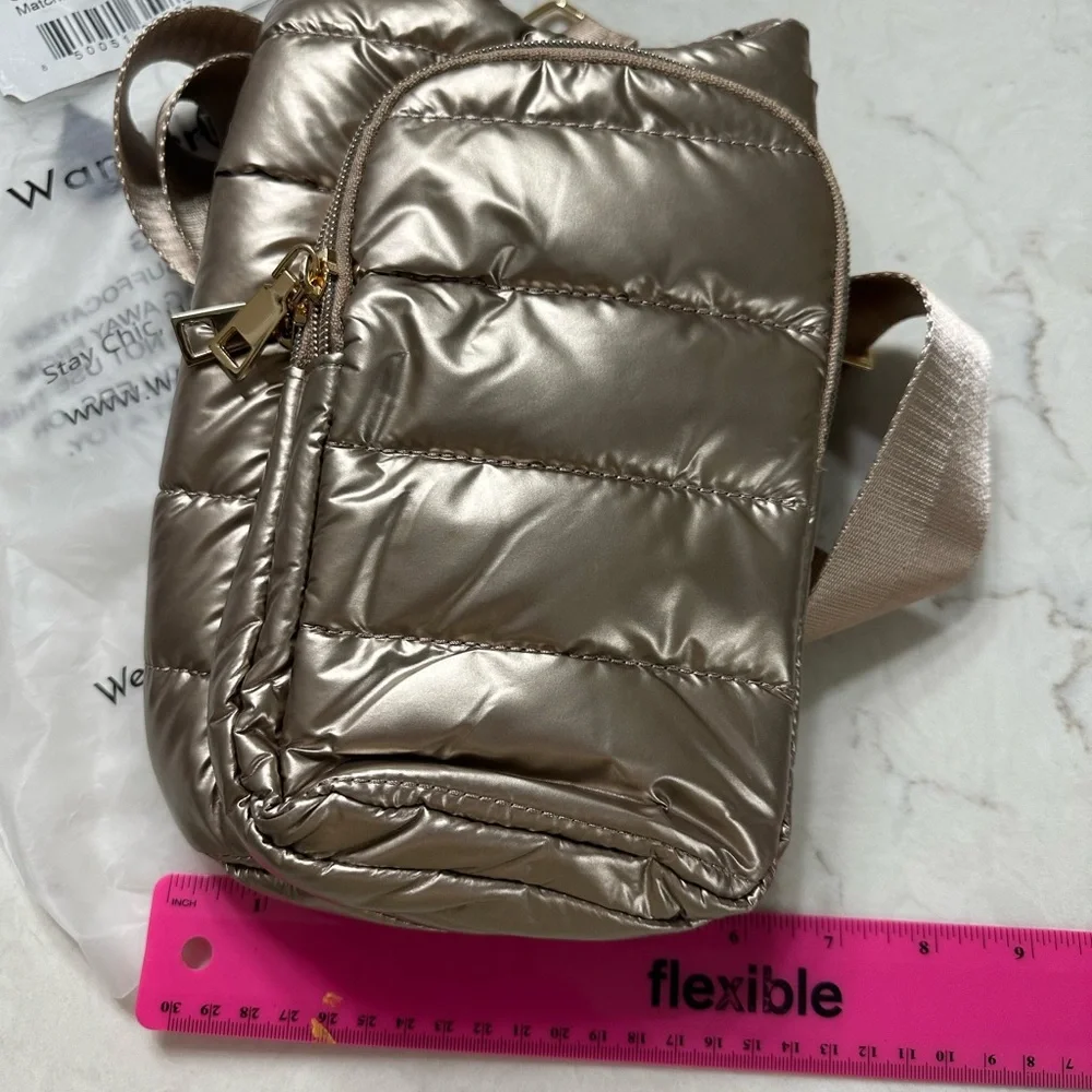 WonderFull Quilted Metallic Taupe Crossbody Bag with Wide Strap, NWT - Picture 4 of 9